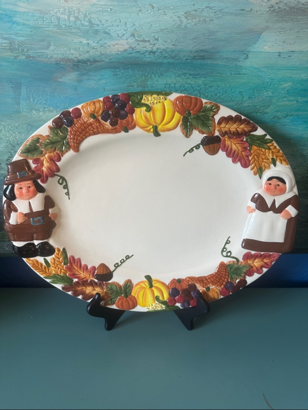 The Pilgrim Pair Large Ceramic Serving Platter - Fall Harvest Colors